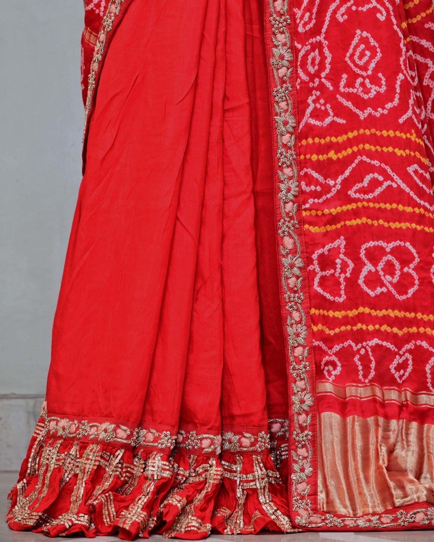 Red Ghatchola Saree with Frill Border image 4