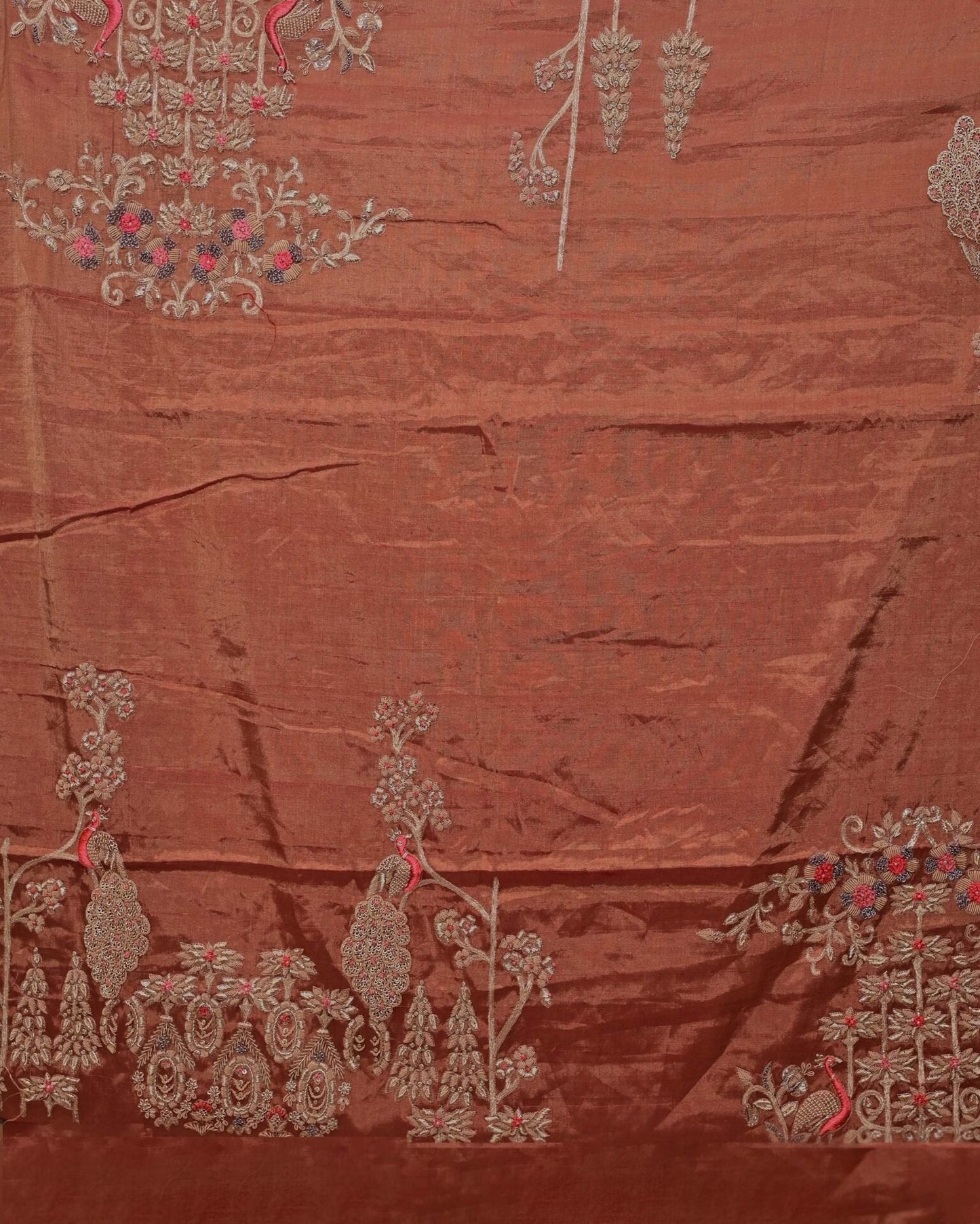 Rust Tissue Saree with Peacock Work Palla image 5