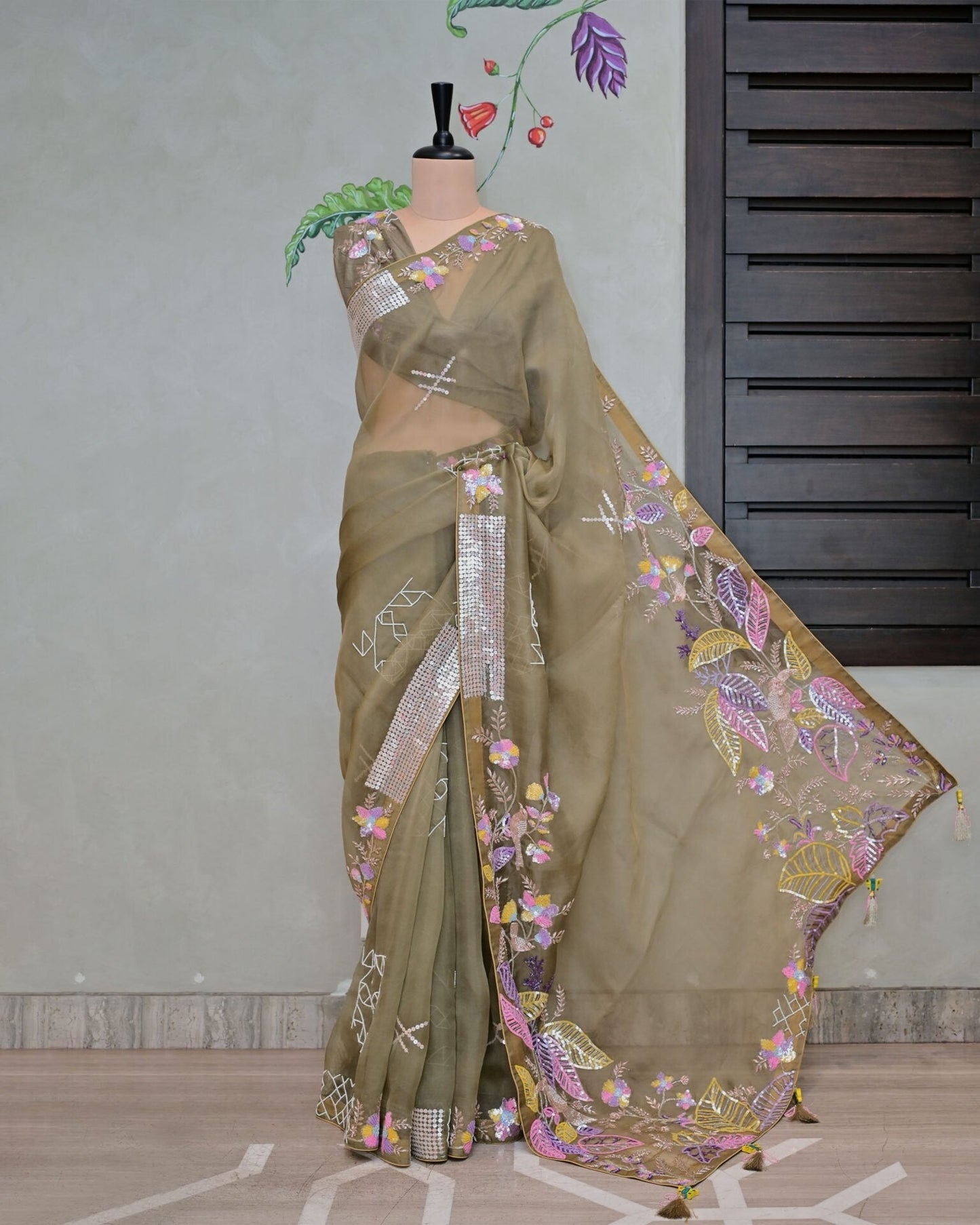 Mouse Grey Organza Saree with Multi-Sequence Work image 0