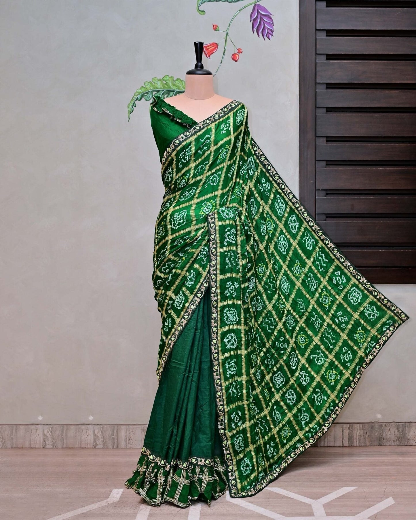 Green Ghatchola Saree with Frill Border image 1