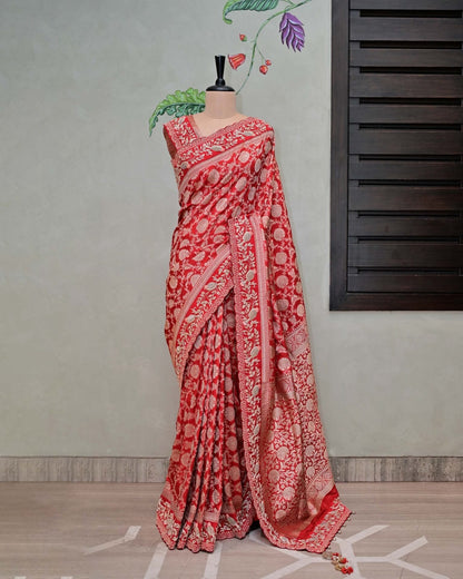 Red Benarasi Silk Saree with Bird Border image 0