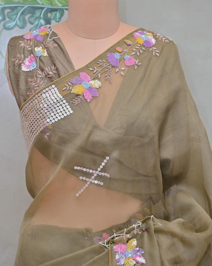 Mouse Grey Organza Saree with Multi-Sequence Work image 2