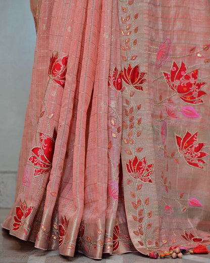 Peach Handloom Check with Floral Embroidery image 3