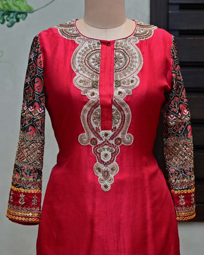 Red Silk Suit with Embroidered Pants image 1