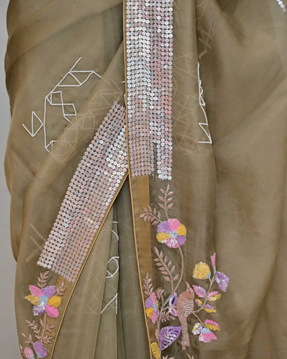 Mouse Grey Organza Saree with Multi-Sequence Work image 3