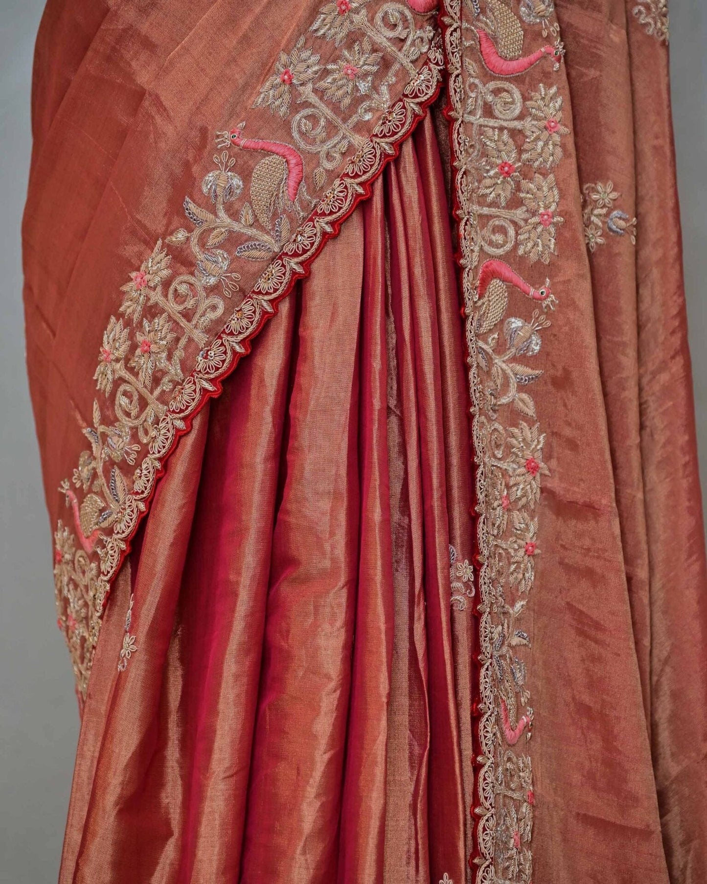 Rust Tissue Saree with Peacock Work Palla image 3