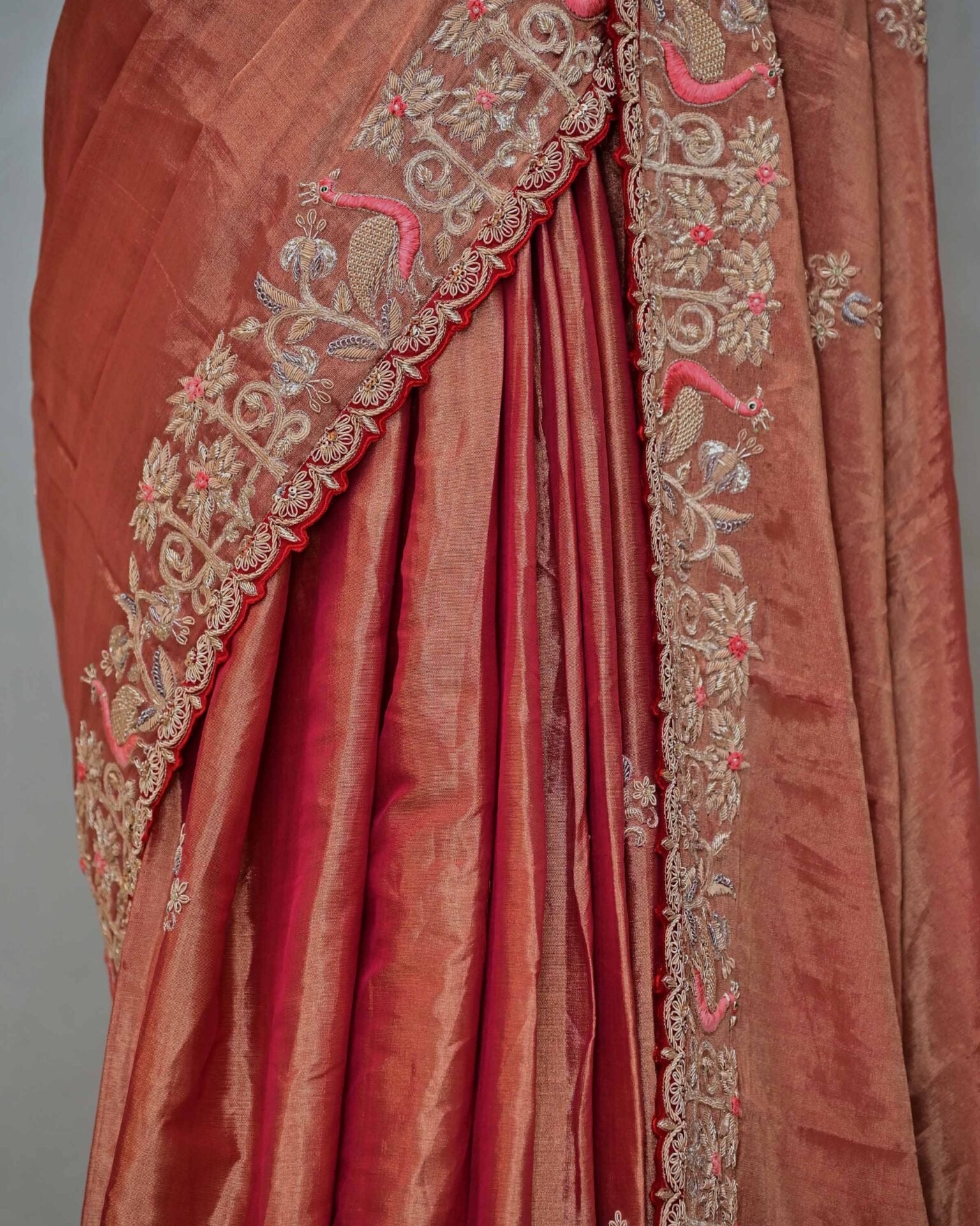Rust Tissue Saree with Peacock Work Palla image 3