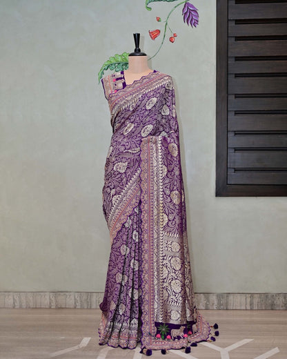 Purple Tissue Khaddi Saree with Nandi Work Palla image 4