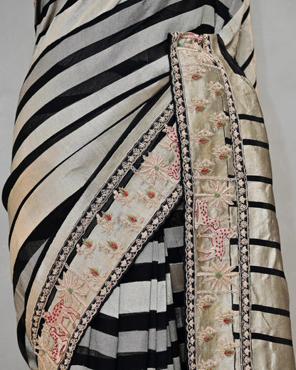 Black Khaddi Saree with White Stripes image 3