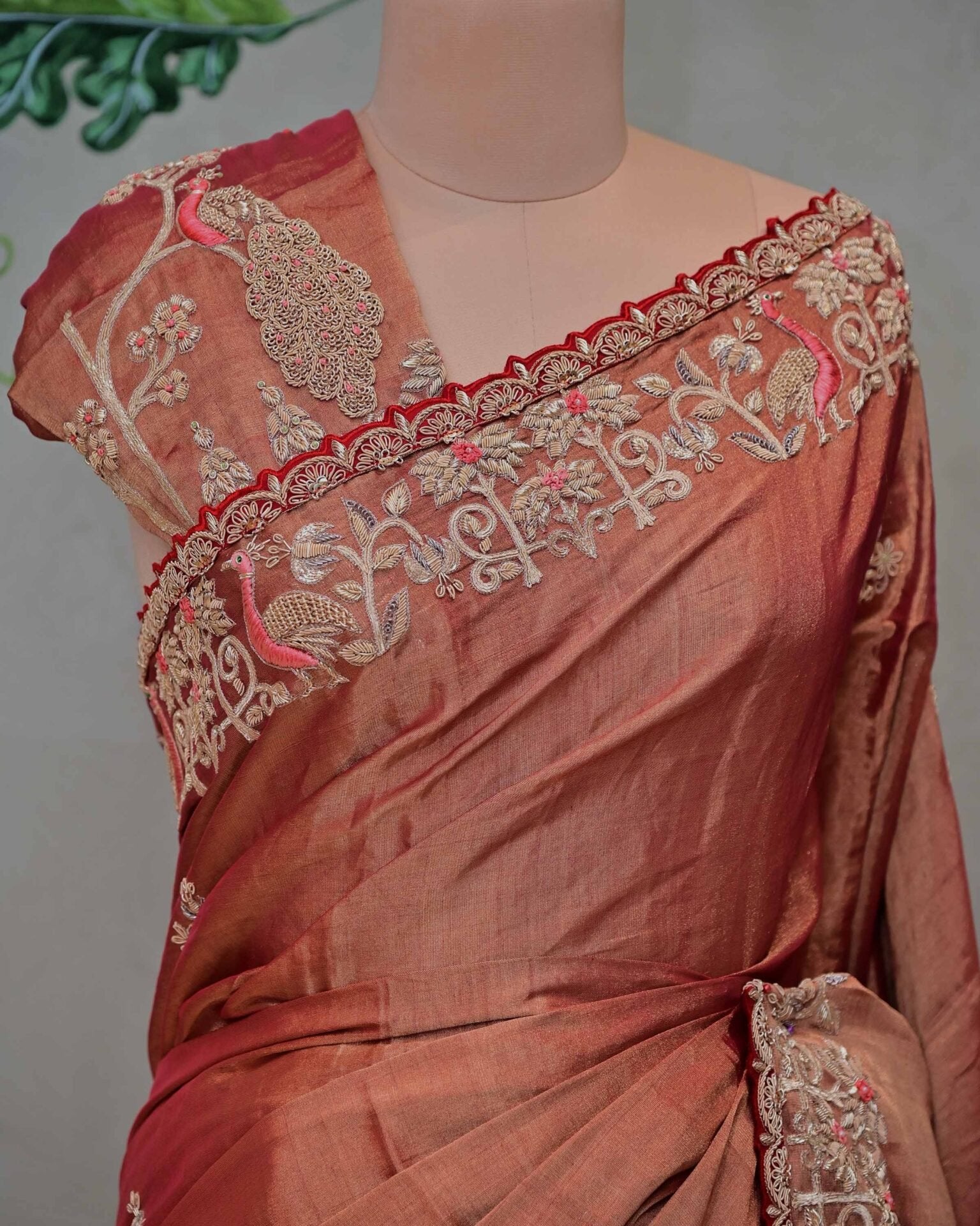Rust Tissue Saree with Peacock Work Palla image 2