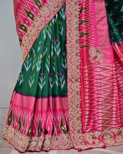 Green Patola Saree with Pink Border image 2
