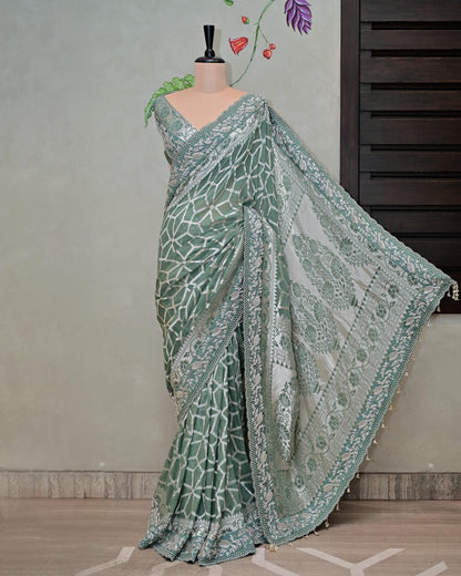 Green Khaddi Saree with Bird Border image 4