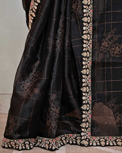 Black Organza Saree with Self Design and Work Border image 3