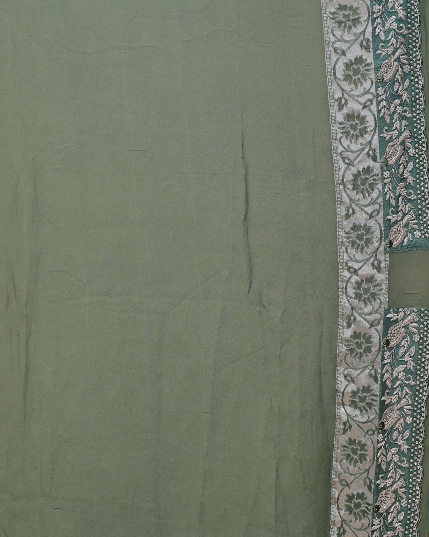 Green Khaddi Saree with Bird Border image 5