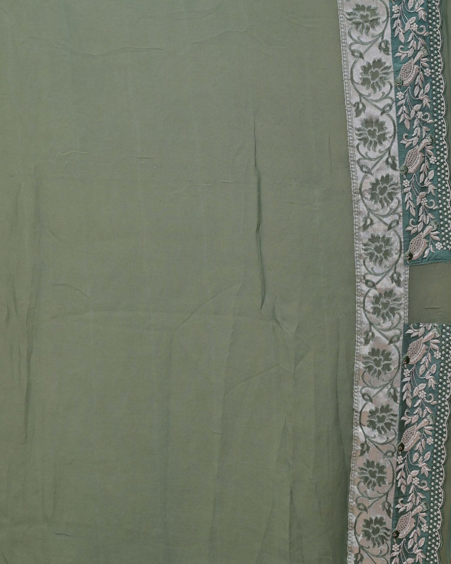 Green Khaddi Saree with Bird Border image 5