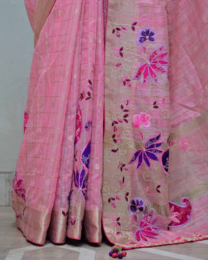 Pink Handloom Saree with Kairi Applique Embroidery image 4