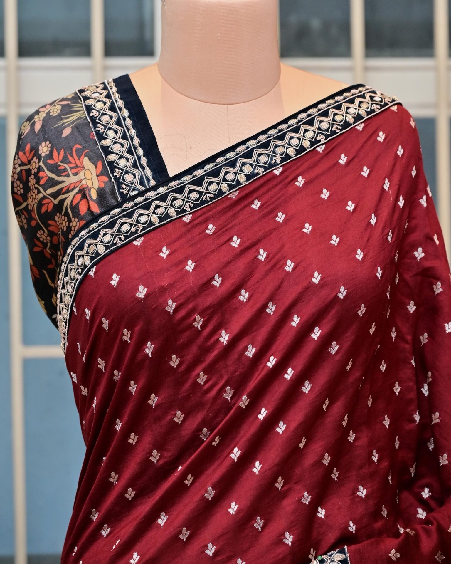 Maroon Silk Saree with Jungle Border image 3