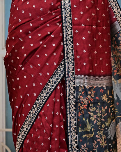Maroon Silk Saree with Jungle Border image 4