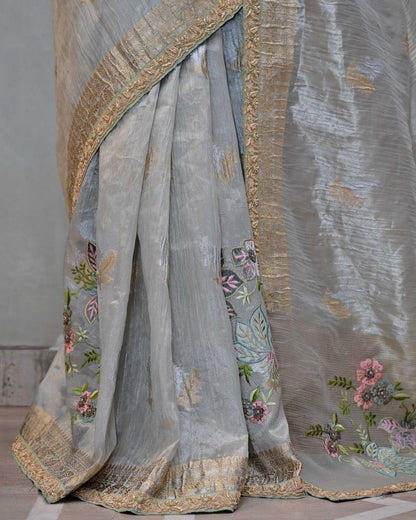 Gray Tissue Saree with Sky Blue Floral Patchwork image 4