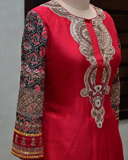 Red Silk Suit with Embroidered Pants image 2