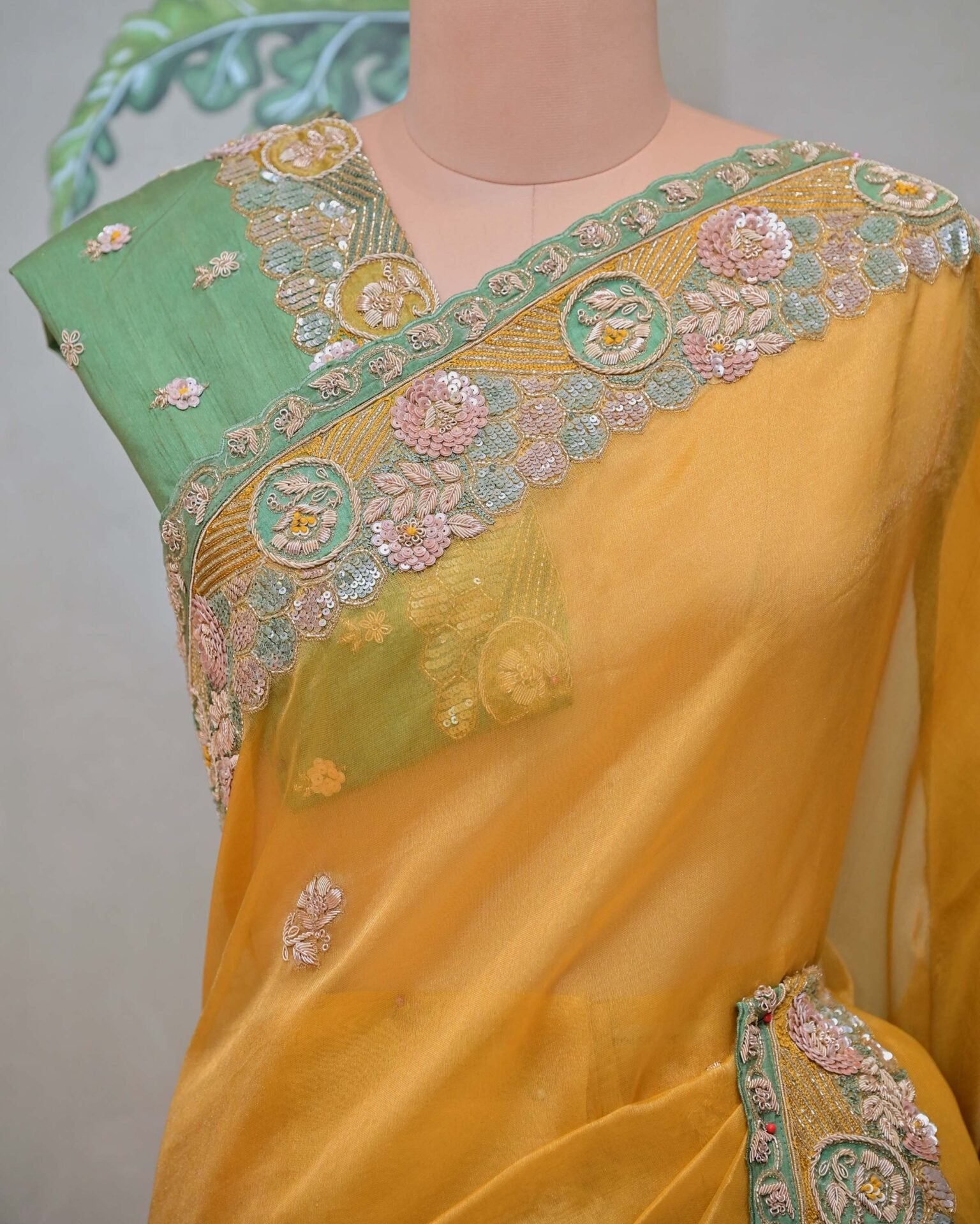 Yellow Tissue Saree with Sequence and Cutdana Work image 1