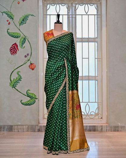 Green Silk Saree with Kalamkari Palla image 0