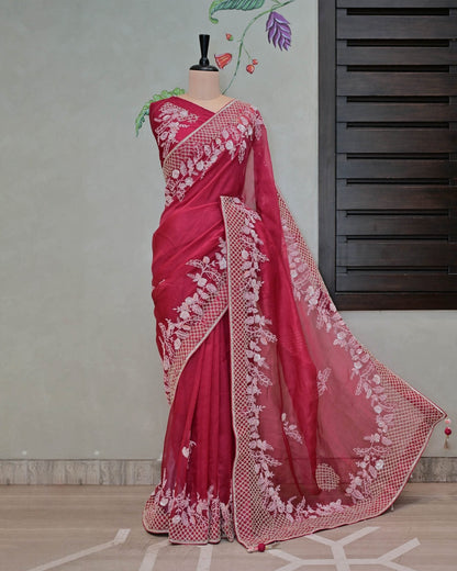 Deep Pink Organza Saree with Beadwork image 0
