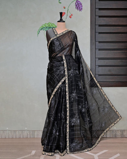 Black Organza Saree with Self Design and Work Border image 0