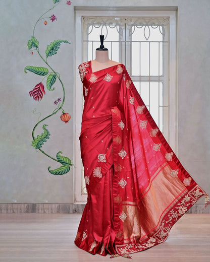 Red Silk Saree with Boota Highlight Border image 1