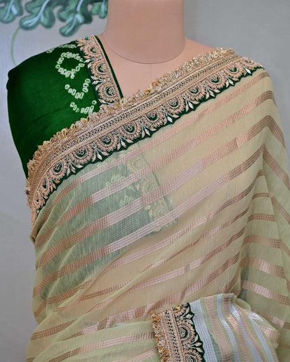 Green Stripe Tissue Saree with Ghatchola Palla and Fancy Edges image 2