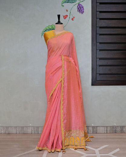 Peach Handloom Saree with Yellow Border and Matching Blouse image 1
