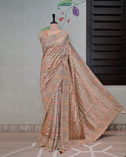 Multi-Line Tissue Saree with Multi-Coloured Border image 0