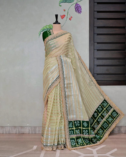 Green Stripe Tissue Saree with Ghatchola Palla and Fancy Edges image 1