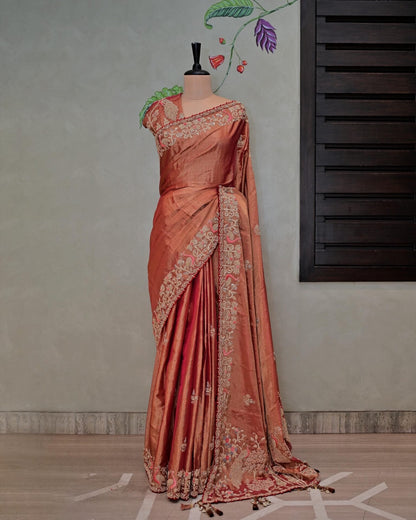Rust Tissue Saree with Peacock Work Palla image 1
