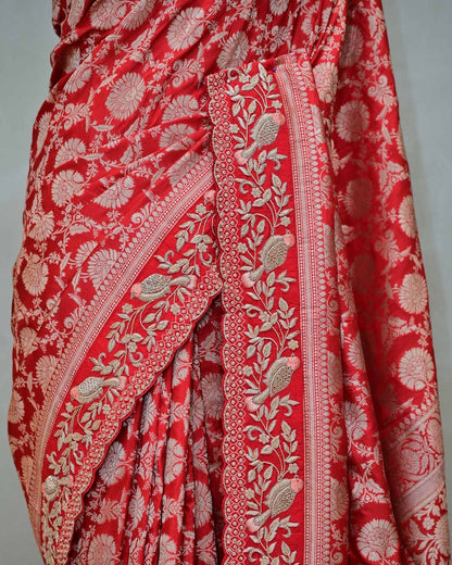 Red Benarasi Silk Saree with Bird Border image 2