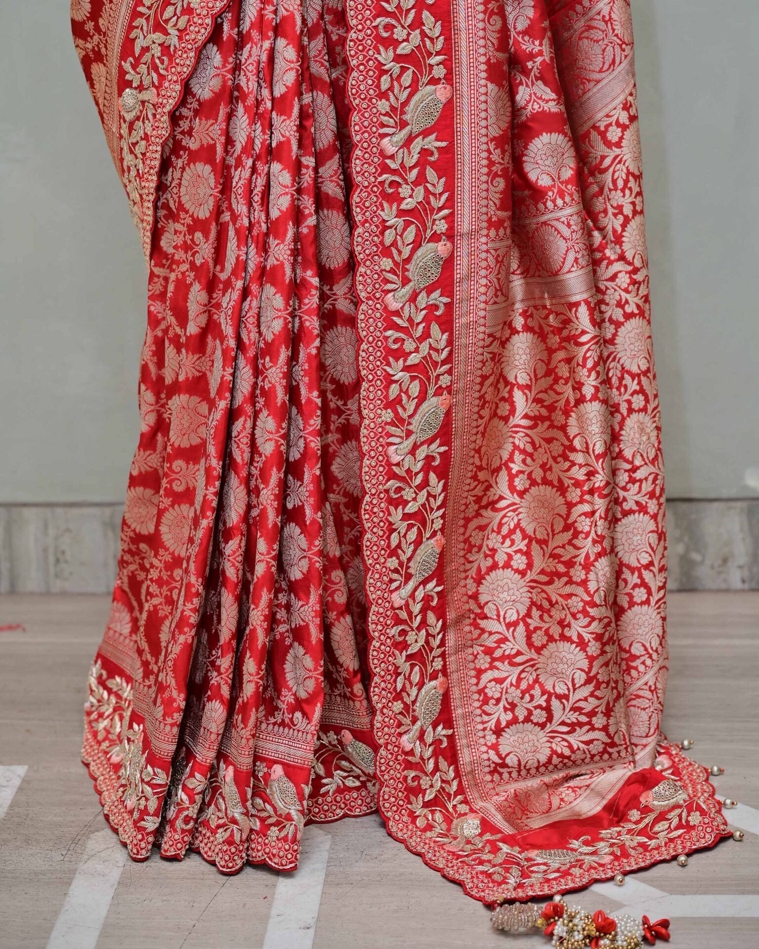 Red Benarasi Silk Saree with Bird Border image 3