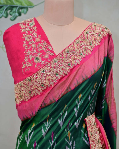 Green Patola Saree with Pink Border image 1