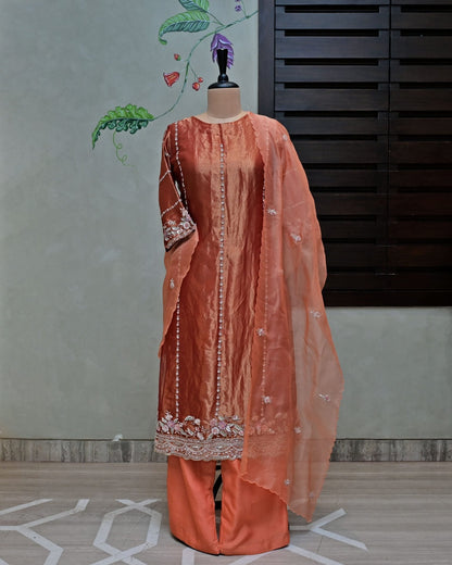 Burnt Orange Tissue Suit with Organza Dupatta image 0