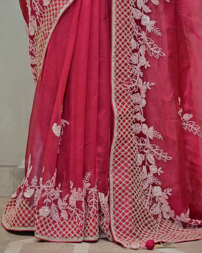 Deep Pink Organza Saree with Beadwork image 4