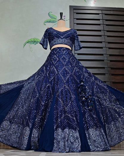 Midnight Blue Organza Lehenga with Sequin Embroidery image 2