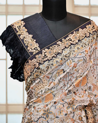 Gray Saree with Kashmiri Palla and Frill Border image 2