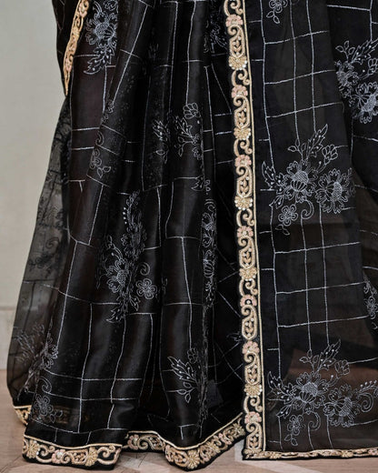 Black Organza Saree with Self Design and Work Border image 4