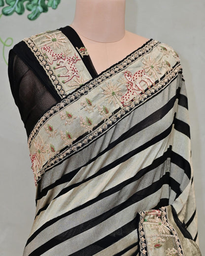Black Khaddi Saree with White Stripes image 2