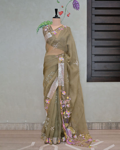 Mouse Grey Organza Saree with Multi-Sequence Work image 1