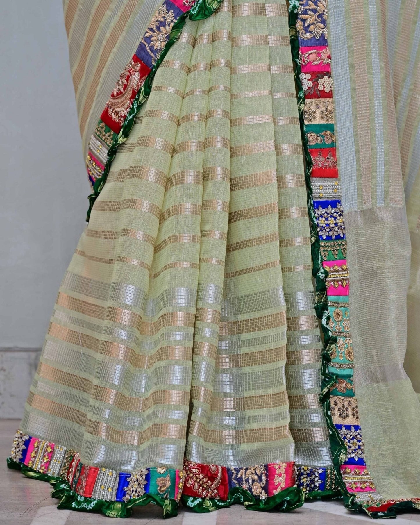 Green Stripe Handloom Saree with Patch Border image 4