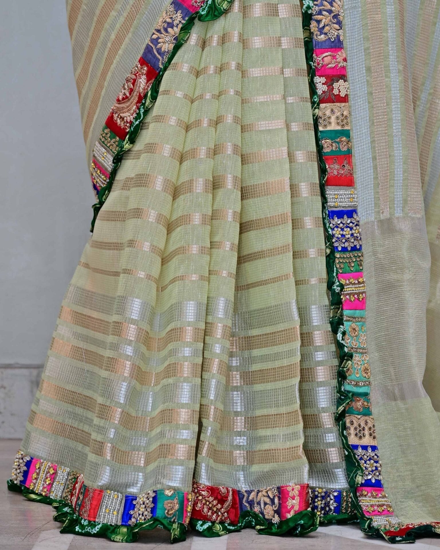 Green Stripe Handloom Saree with Patch Border image 4