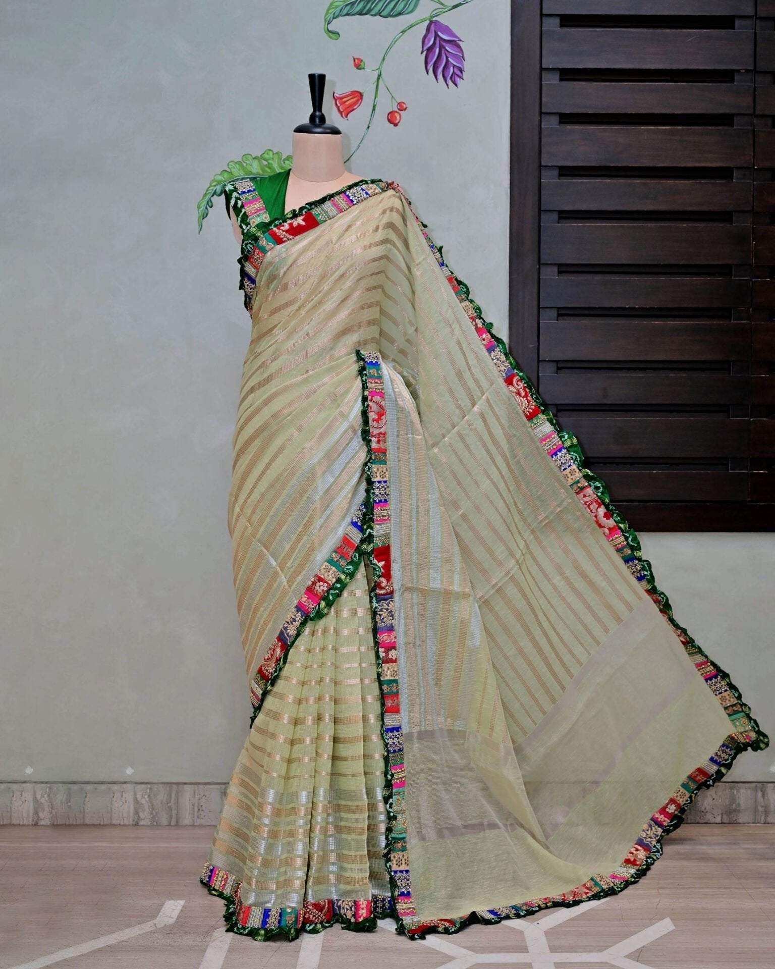 Green Stripe Handloom Saree with Patch Border image 1