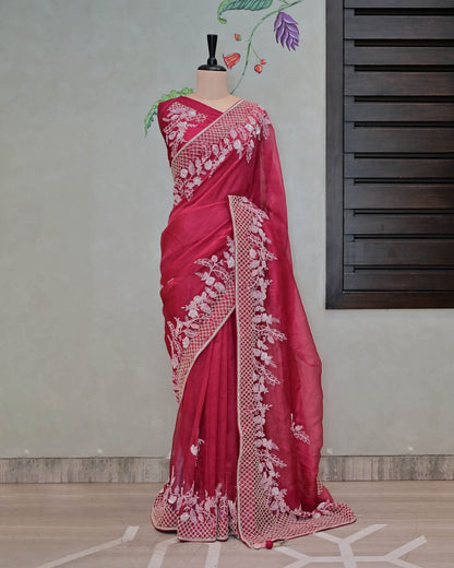 Deep Pink Organza Saree with Beadwork image 1