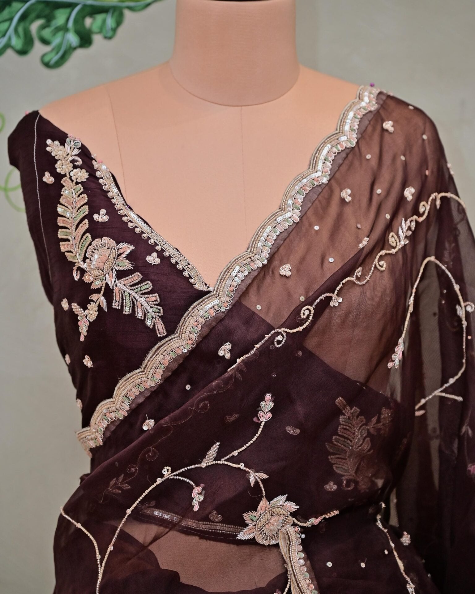 Brown Organza Jaal Saree image 2