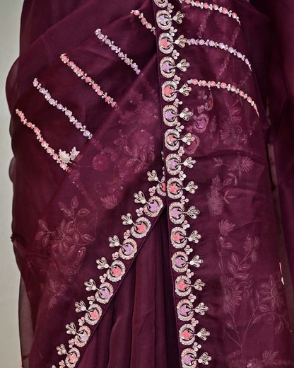 Wine Organza Saree image 2